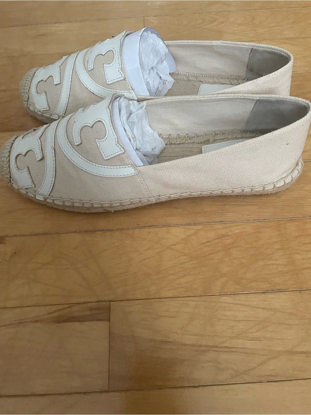 Tory Burch Cream Canvas & White Leather Logo Espadrille Flats - Picture 8 of 12